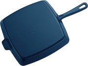 STAUB Cast Iron Square Grill Pan - Dark Blue, perfect for indoor grilling, features a ridged surface for authentic grill marks and elevated design for fat drainage.