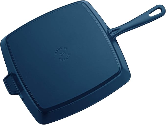 STAUB Cast Iron Square Grill Pan - Dark Blue, perfect for indoor grilling, features a ridged surface for authentic grill marks and elevated design for fat drainage.