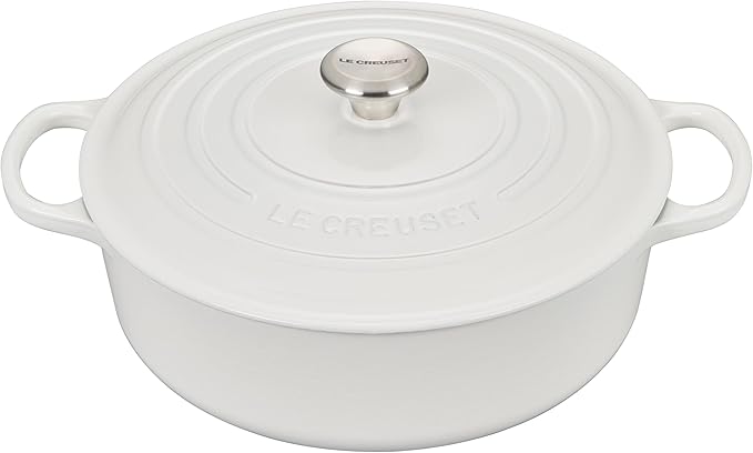 Le Creuset | Signature Round Wide Oven - White with lid and side handles, ideal for versatile cooking and serving, reflecting Athens Cooks' quality kitchenware selection.