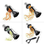 GEFU Spiral Slicer with ultra-sharp Japanese blades, creating vegetable spirals easily. Features a finger guard for safety, perfect for zucchini and more.