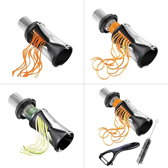 GEFU Spiral Slicer with ultra-sharp Japanese blades, creating vegetable spirals easily. Features a finger guard for safety, perfect for zucchini and more.