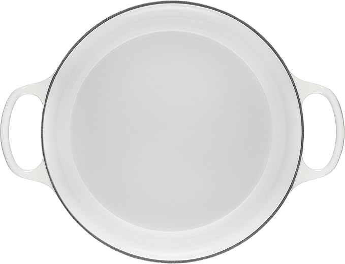 Le Creuset | Signature Round Wide Oven - White, empty, enameled cast iron with side handles, ideal for versatile cooking and easy serving from stove to table.
