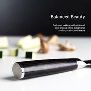 Shun | Classic Starter Set Ebony, 3 Pc: Close-up of the D-shaped pakkawood handle with steel endcap, highlighting comfort and control, ideal for versatile kitchen use.