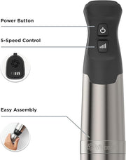 Vitamix | Immersion Blender Bundle shown with a close-up of the sleek, silver and black design, highlighting its ergonomic handle and versatile attachments.