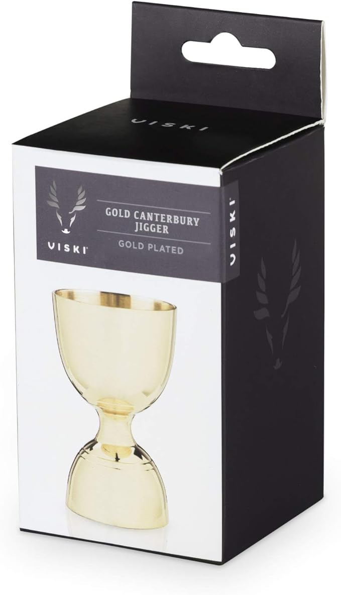 Viski Belmont Gold Canterbury Jigger, featuring a gold-clad double measured pourer with a slender hourglass design, ideal for precise cocktail mixing and bartending excellence.