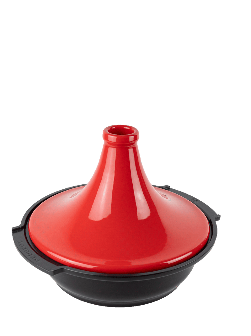 Peugeot Appolia Atlas Tagine 12 Inches - Red, featuring a wide base and conical lid, ideal for slow-cooking stews with innovative design and even heat distribution.