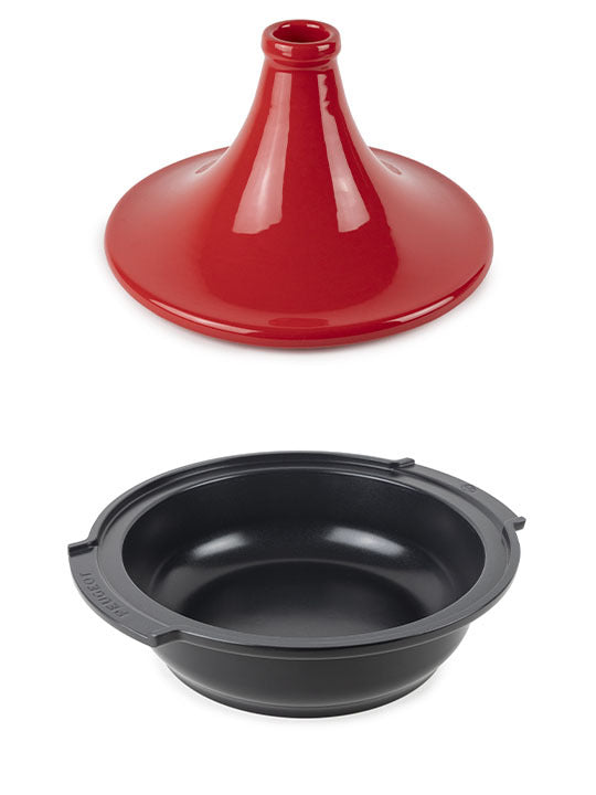 Peugeot | Appolia Atlas Tagine 12 Inches - Red, featuring a cone-shaped lid and shallow base, ideal for flavorful slow-cooked stews, enhancing any cooking enthusiast's kitchen.