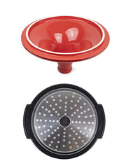 Peugeot | Appolia Atlas Tagine 12 Inches - Red, shown with a silicone funnel and a steaming tray, for versatile cooking in Athens Cooks' curated collection.