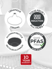 Peugeot | Appolia Atlas Tagine, Saffron Yellow features badges: ceramic coating, all hob compatibility, recycled aluminum, PFAS-free non-stick, and a 10-year warranty emblem.