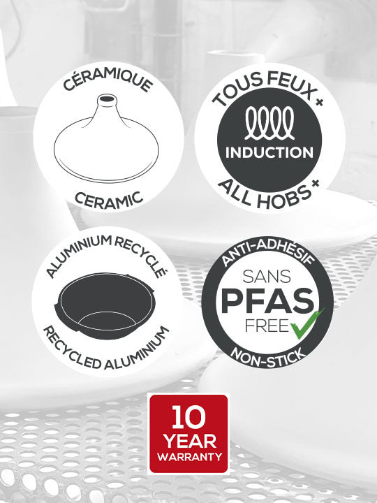 Peugeot | Appolia Atlas Tagine, Saffron Yellow features badges: ceramic coating, all hob compatibility, recycled aluminum, PFAS-free non-stick, and a 10-year warranty emblem.