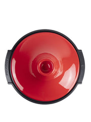 Peugeot | Appolia Atlas Tagine 12 Inches - Red, featuring a shallow bowl with a ribbed cone center and embossed handles, ideal for citrus juicing.