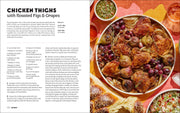 Two-page spread from Penguin Random House LLC - Shabbat cookbook featuring 'Chicken Thighs with Roasted Figs & Grapes' recipe and finished dish in a skillet with sides.