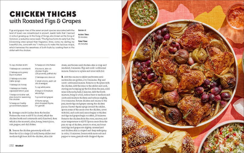Two-page spread from Penguin Random House LLC - Shabbat cookbook featuring 'Chicken Thighs with Roasted Figs & Grapes' recipe and finished dish in a skillet with sides.