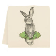 Eric & Christopher - Bunny Tutu Tea Towel - Green features a screen-printed rabbit illustration in a green skirt, perfect for kitchen decor. Made in Bucks County, PA.