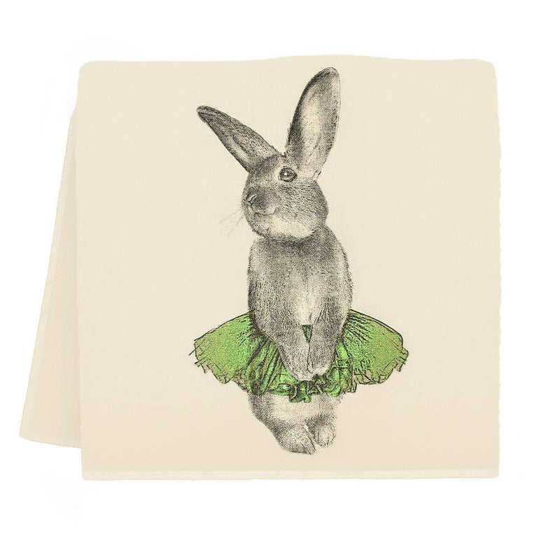 Eric & Christopher - Bunny Tutu Tea Towel - Green features a screen-printed rabbit illustration in a green skirt, perfect for kitchen decor. Made in Bucks County, PA.