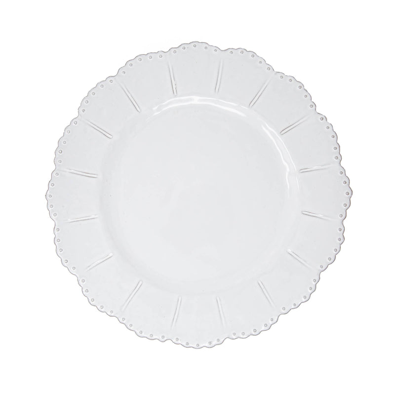 Bella Bianca Beaded Dinner Plate, Italian stoneware with a scalloped edge, 11.5 inches in diameter. Durable, handmade in Tuscany, part of a versatile tableware collection.