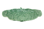 Bordallo Pinheiro | Flora Dinner Plate, Olive Green: A ceramic platter with leaf-like texture and handles, perfect for serving hors d’oeuvres or salads.