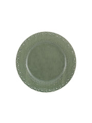 Bordallo Pinheiro | Flora Dinner Plate, Olive Green: Oval ceramic plate with intricate floral design, ideal for desserts or starters, adding elegance to any table setting.