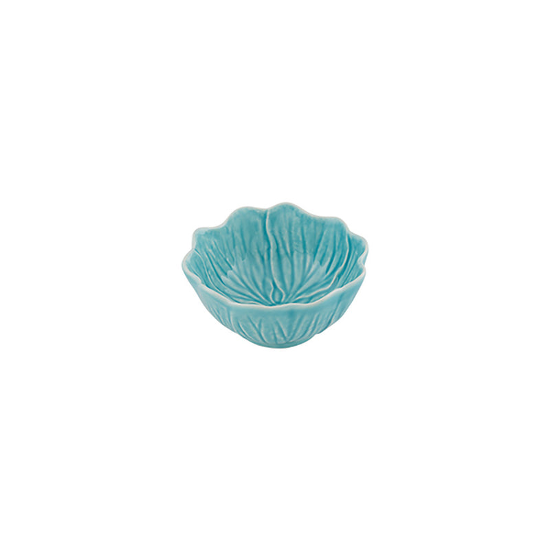 Bordallo Pinheiro | Flora Small Bowl, Blue: A ceramic bowl shaped like a flower bloom with turquoise-blue glaze and petal-like ridges, perfect for small servings.