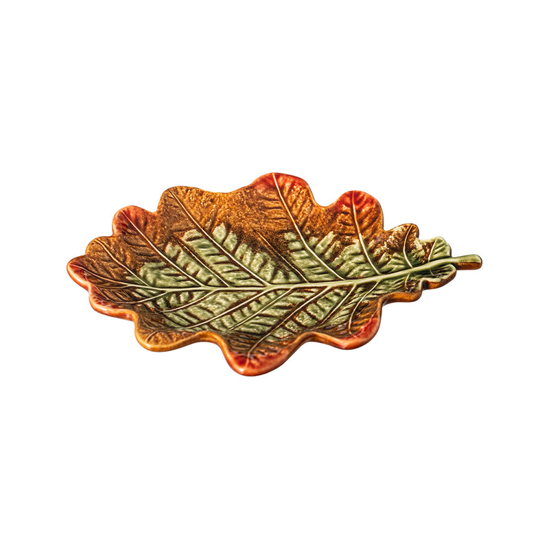 Bordallo Pinheiro | Gudrun Plate: A ceramic dish shaped like a leaf with raised veins, glazed in rustic tones, perfect for autumnal table settings.
