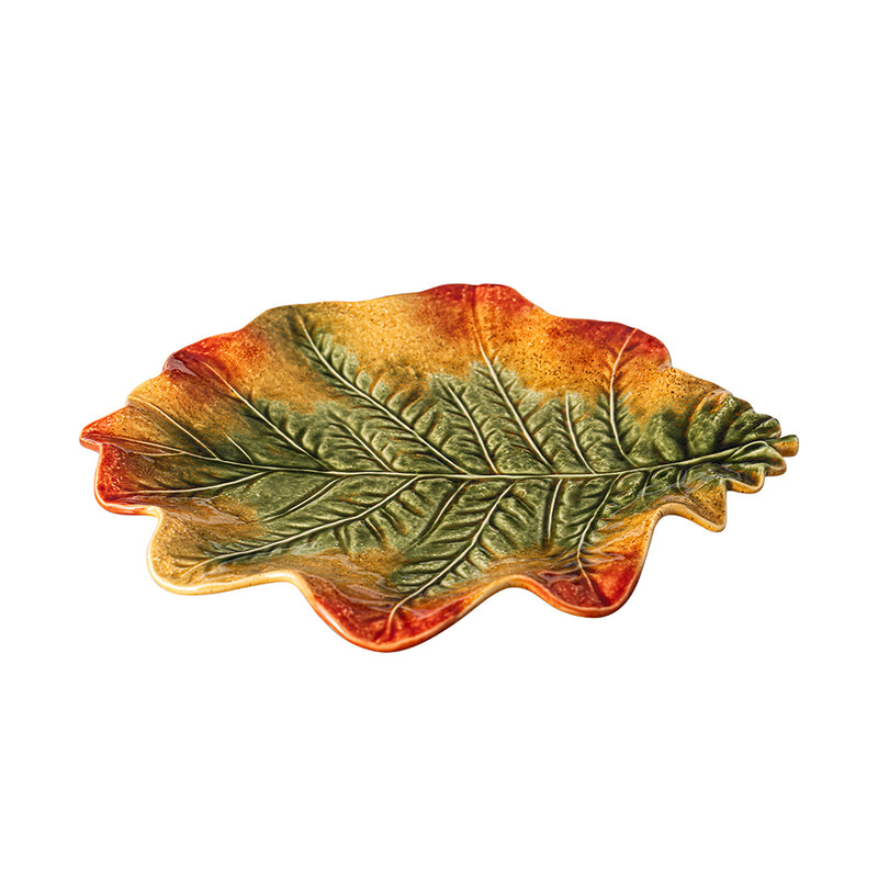Bordallo Pinheiro | Gudrun Plate: A ceramic serving platter mimicking an autumn leaf with detailed veins and ruffled edges, ideal for adding seasonal charm to any table setting.
