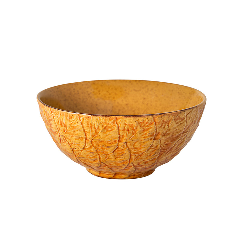 Bordallo Pinheiro | Gudrun Medium Salad Bowl: Ceramic bowl with textured leaf design, warm orange glaze, perfect for serving or decoration. Part of Claudia Schiffer’s Gudrun Collection.
