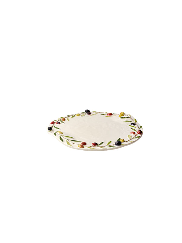 Bordallo Pinheiro | Olival Bowl: Round ceramic serving platter with raised rim, featuring hand-painted olive-branch motif, ideal for elegant table settings from Athens Cooks.
