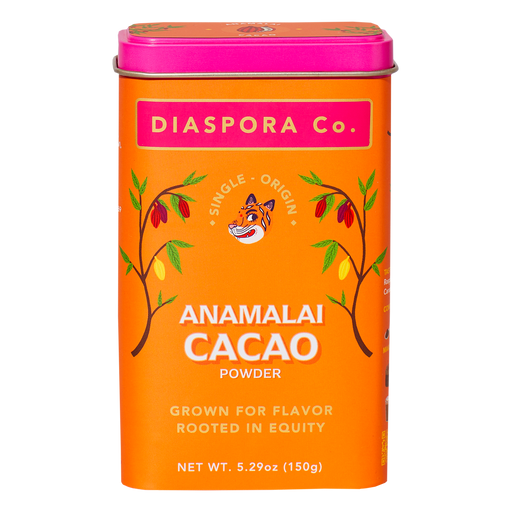 Diaspora Spices Co. - Anamalai Cacao (Powder) in a vibrant tin features cacao pods, emphasizing single-origin, minimally processed cacao for rich flavor and natural nutrients.
