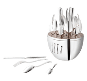 Christofle | MOOD BY CHRISTOFLE 24 Pieces: A sleek stainless-steel flatware set in an elegant wood-topped metal caddy, perfect for modern dining and stylish storage.