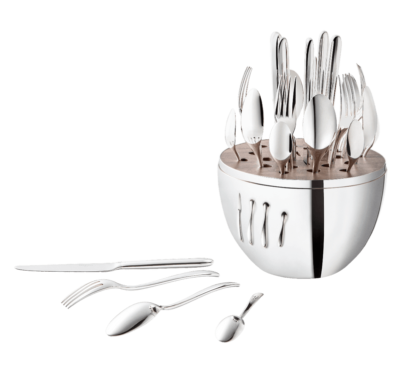 Christofle | MOOD BY CHRISTOFLE 24 Pieces: A sleek stainless-steel flatware set in an elegant wood-topped metal caddy, perfect for modern dining and stylish storage.