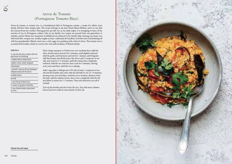 Cookbook spread featuring Tenderheart by Hetty Lui McKinnon, showcasing Portuguese Tomato Rice recipe and finished dish in a bowl, highlighting its vegan, gluten-free appeal.