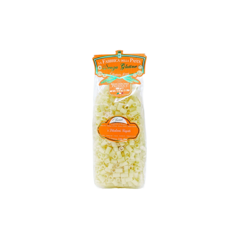 Zia Pia - Gluten Free Ditaloni Rigati by La Fabbrica della Pasta in a clear bag, ideal for soups and sauces, from Athens Cooks.