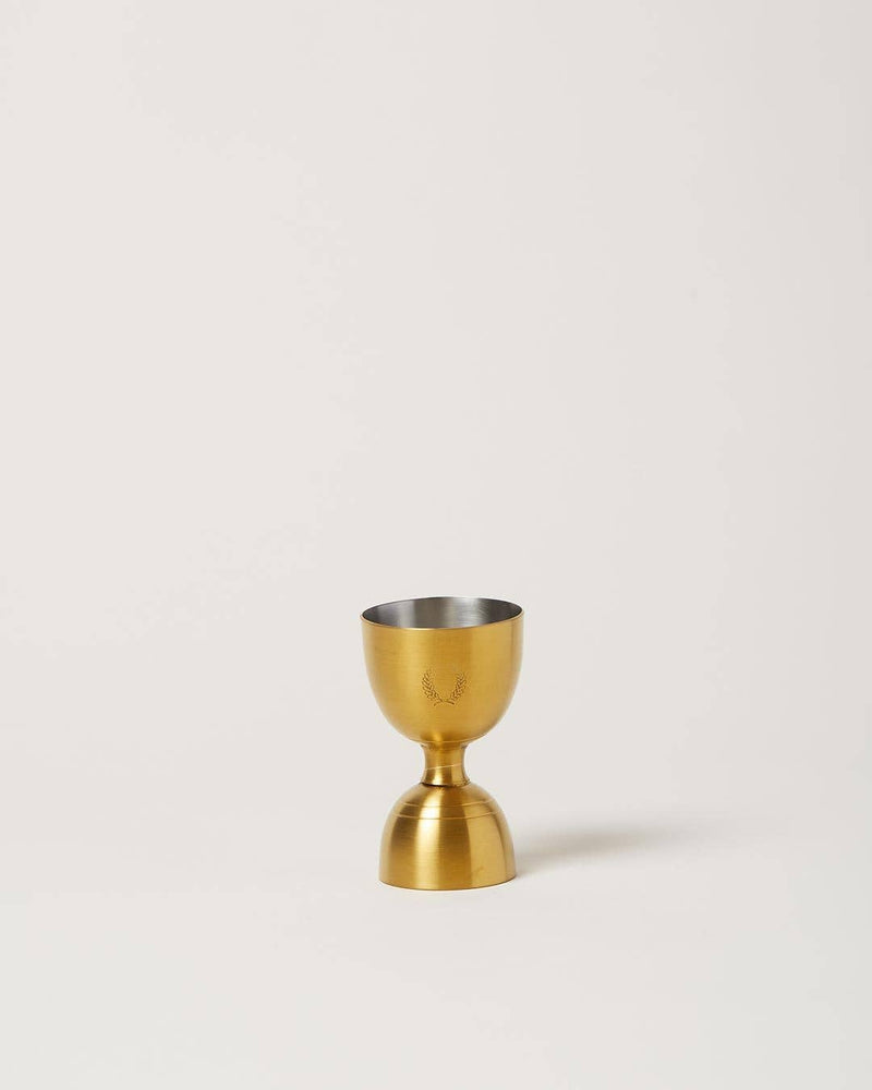 Farmhouse Pottery - Essex Barware - Brushed Gold: Cocktail Jigger with laurel engraving, dual-sided for precise spirit measurement, essential for home bars.
