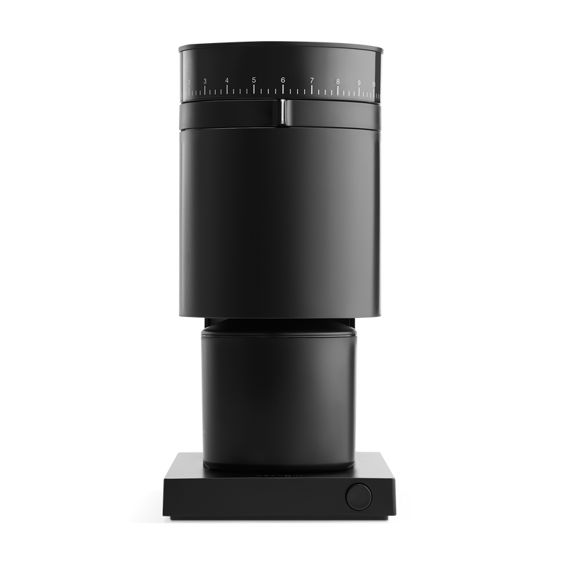Fellow Opus Conical Burr Grinder in Matte Black with sleek design, featuring 41 precision settings, volumetric dosing lid, and anti-static technology for consistent coffee grinding.