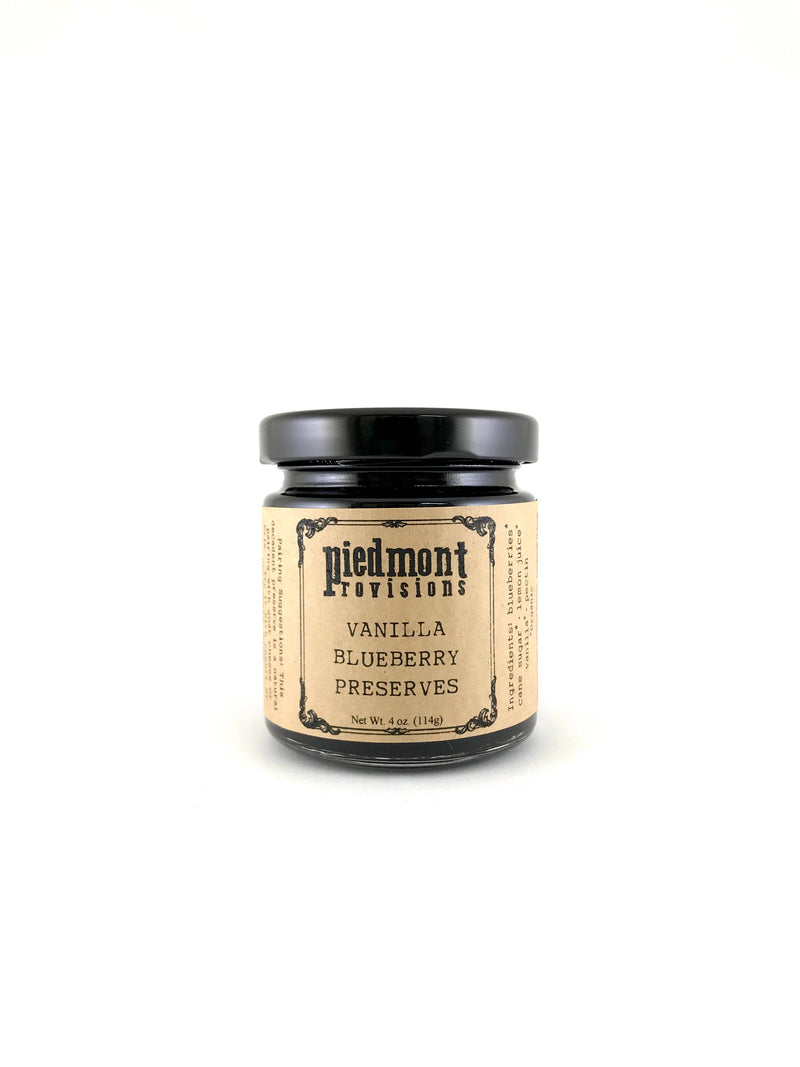 Piedmont Provisions - Vanilla Blueberry Preserves jar, showcasing artisanal preserves with blueberries and vanilla, ideal for enhancing dishes or pairing with cheese, from Athens Cooks.
