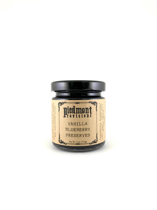 Piedmont Provisions - Vanilla Blueberry Preserves jar, showcasing artisanal preserves with blueberries and vanilla, ideal for enhancing dishes or pairing with cheese, from Athens Cooks.