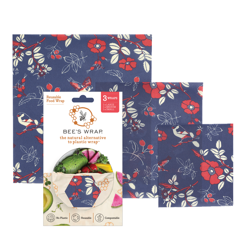 Bee's Wrap - Assorted 3 Pack - Botanical: Three reusable, compostable sheets in floral bird pattern, ideal for eco-friendly food storage, covering bowls, or wrapping produce.