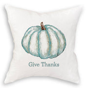 French Graffiti - Blue Pumpkin throw pillow featuring a watercolor pumpkin and Give Thanks text, perfect for adding warmth to your kitchen or dining space.