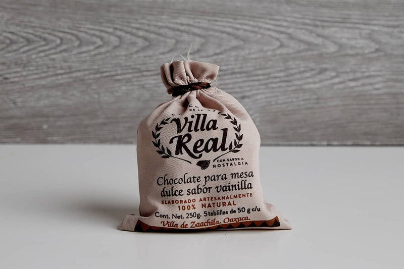 Verve Culture - Villa Real Mexican Hot Chocolate: Almond / Large - 10 Discs. Artisanal vanilla-flavored chocolate tablets in a cloth pouch, perfect for Mexican hot chocolate.