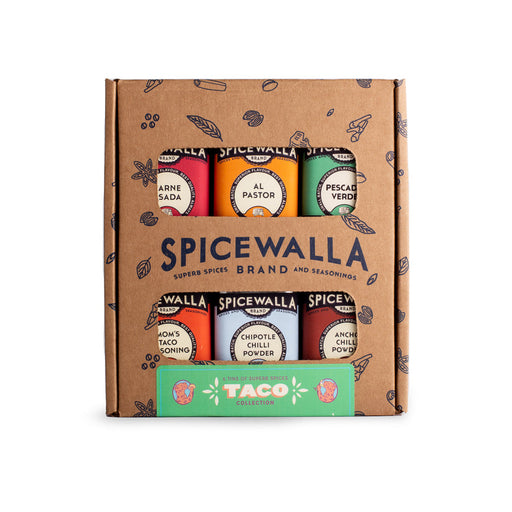 Spicewalla | Taco Collection Gift Set, 6 Pack features six taco-themed spices in a cardboard sleeve, perfect for adding zest and flavor to your culinary creations.