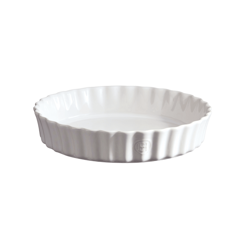 Emile Henry | Deep Tart Dish, Cedar, 1.2 QT: A white, fluted-edged ceramic dish ideal for baking tarts, quiches, and pies, crafted from Burgundy clay for even heat distribution.