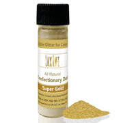 Lux Life Natural Edible Luster Dust: Super Gold in a white and gold container, perfect for adding a shimmering finish to your culinary creations.