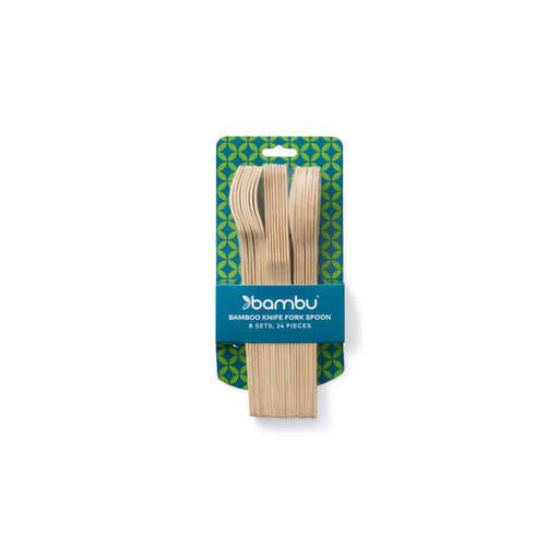 bambu® - Disposable Bamboo Knife, Fork, and Spoon Set in retail pack, featuring 8 compostable utensil sets, ideal for eco-friendly dining, available at Athens Cooks kitchen store.