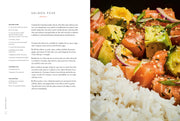 Two-page spread from 'Seafood Simple: A Cookbook' by Eric Ripert, featuring a Salmon Poké bowl recipe with ingredients, instructions, and a photo of the finished dish.