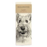 Eric & Christopher - Sunny the Scottie Tea Towel, featuring a monochrome terrier print, 100% cotton, 26x26 inches, screen printed in Bucks County, Pennsylvania.