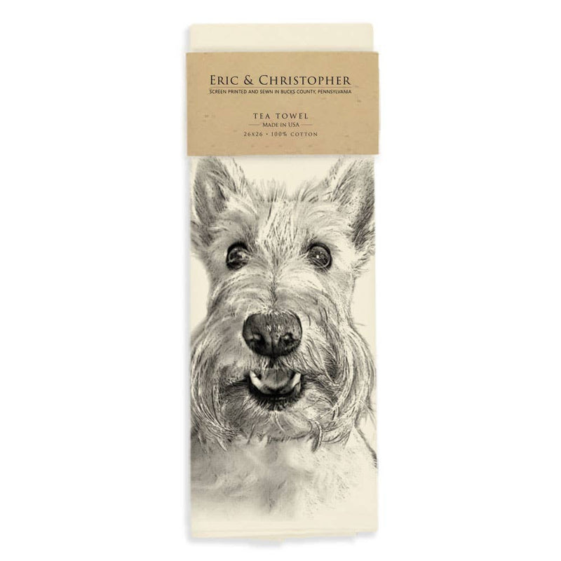 Eric & Christopher - Sunny the Scottie Tea Towel, featuring a monochrome terrier print, 100% cotton, 26x26 inches, screen printed in Bucks County, Pennsylvania.