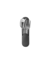 W&P - Stainless Steel Utensils Set in Silicone Carry Case: Terrazzo Charcoal, featuring a spoon and fork in a holder, ideal for compact and eco-friendly dining.