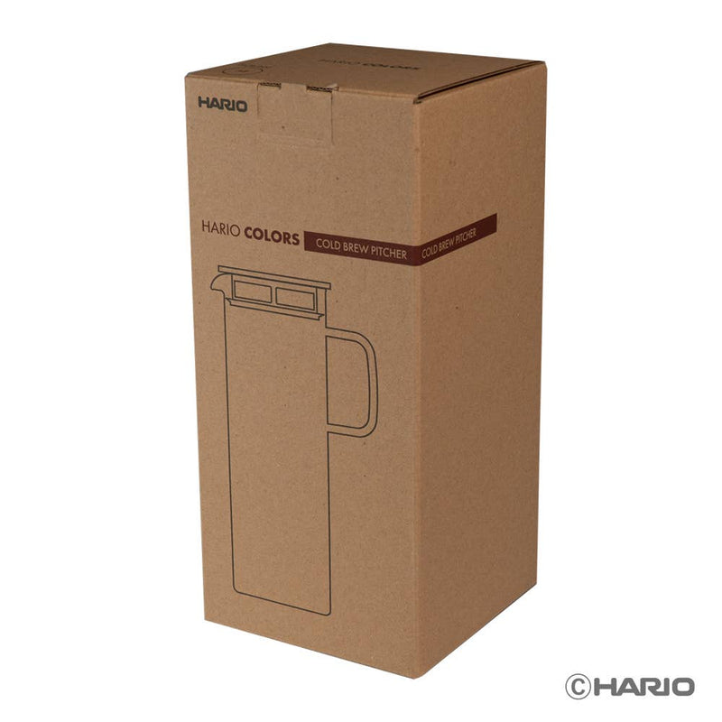 HARIO USA - HARIO Colors Glass Cold Brew Pitcher, 800ml: Amber, in packaging with line-drawing, ideal for brewing tea or fruit infusions.