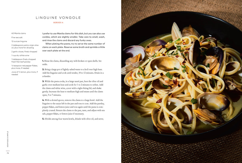 Cookbook spread showing Linguine Vongole recipe from Penguin Random House LLC - Seafood Simple: A Cookbook, highlighting Eric Ripert's accessible seafood techniques for home cooks.