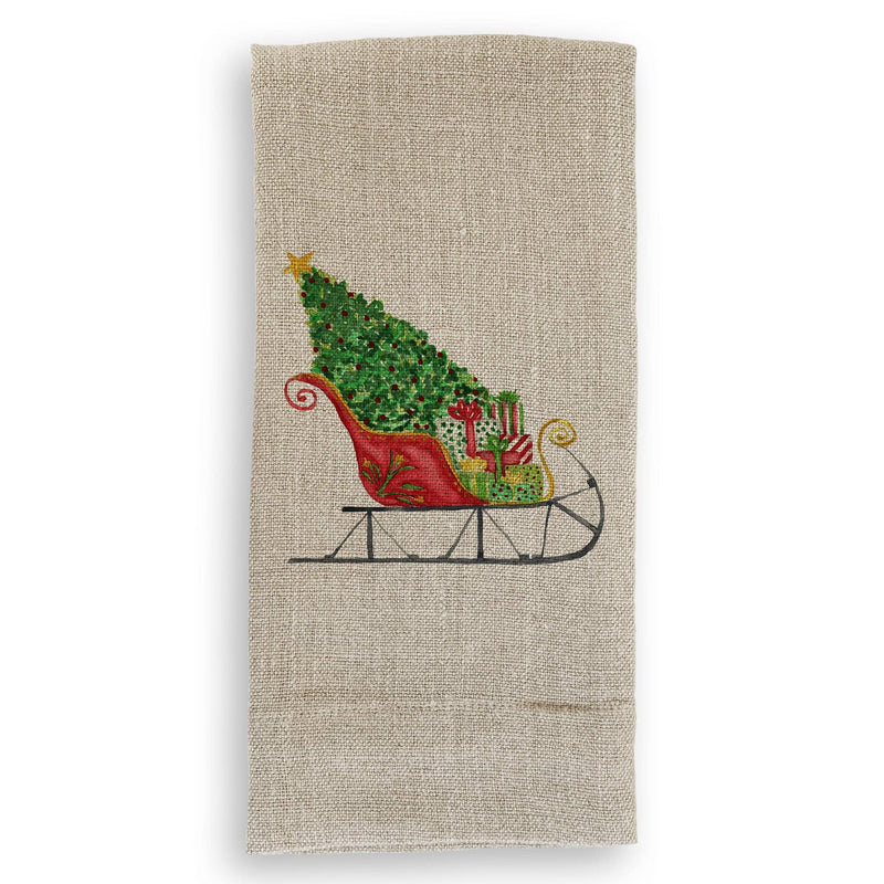 French Graffiti - Santa Sleigh: Natural Guest Towel featuring a festive sleigh with a Christmas tree and gifts, ideal for holiday kitchen decor.